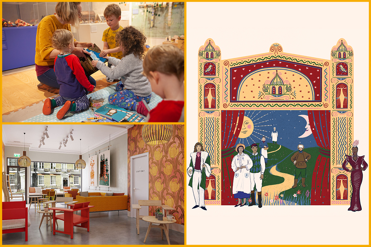 A collage of imagesd showing the wilson playhouse design and children enjoying the space